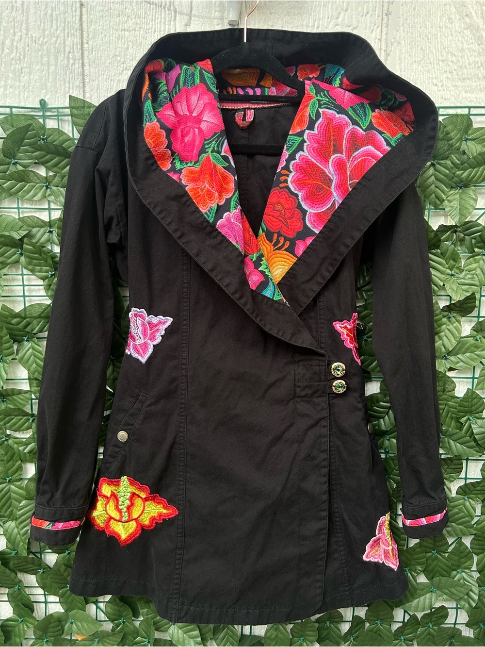 Imported Mexican Embroidered Trench Coat with Floral Hood Lining